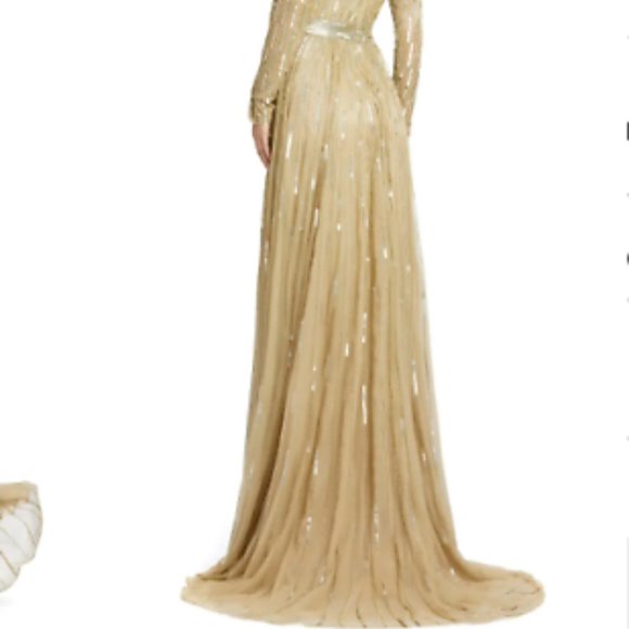 MAC DUGGAL LONG SLEEVE SEQUIN & BEAD STRIPE TAUPE GOWN sz 6 - Picture 6 of 6